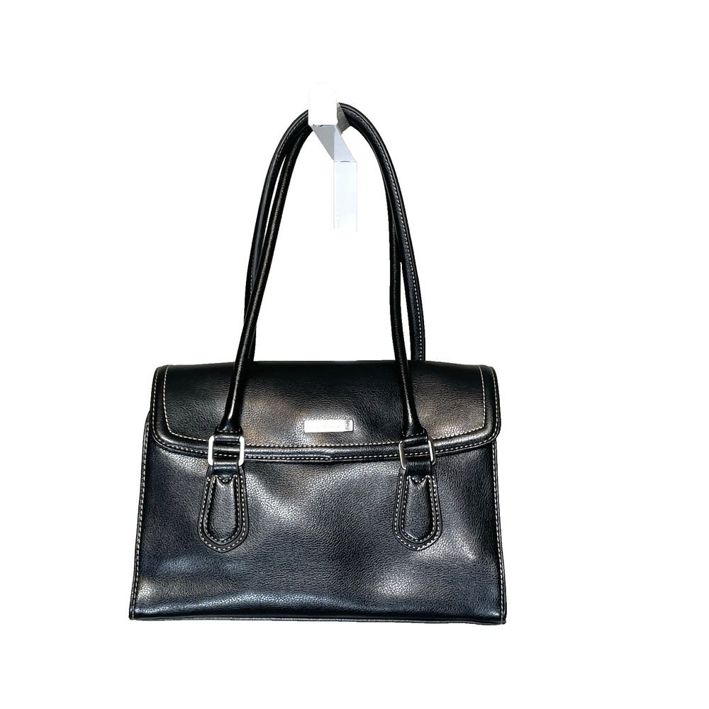 Liz Claiborne Double Top Handle Black‎ Leather Handbag Purse Satchel Red Zipper